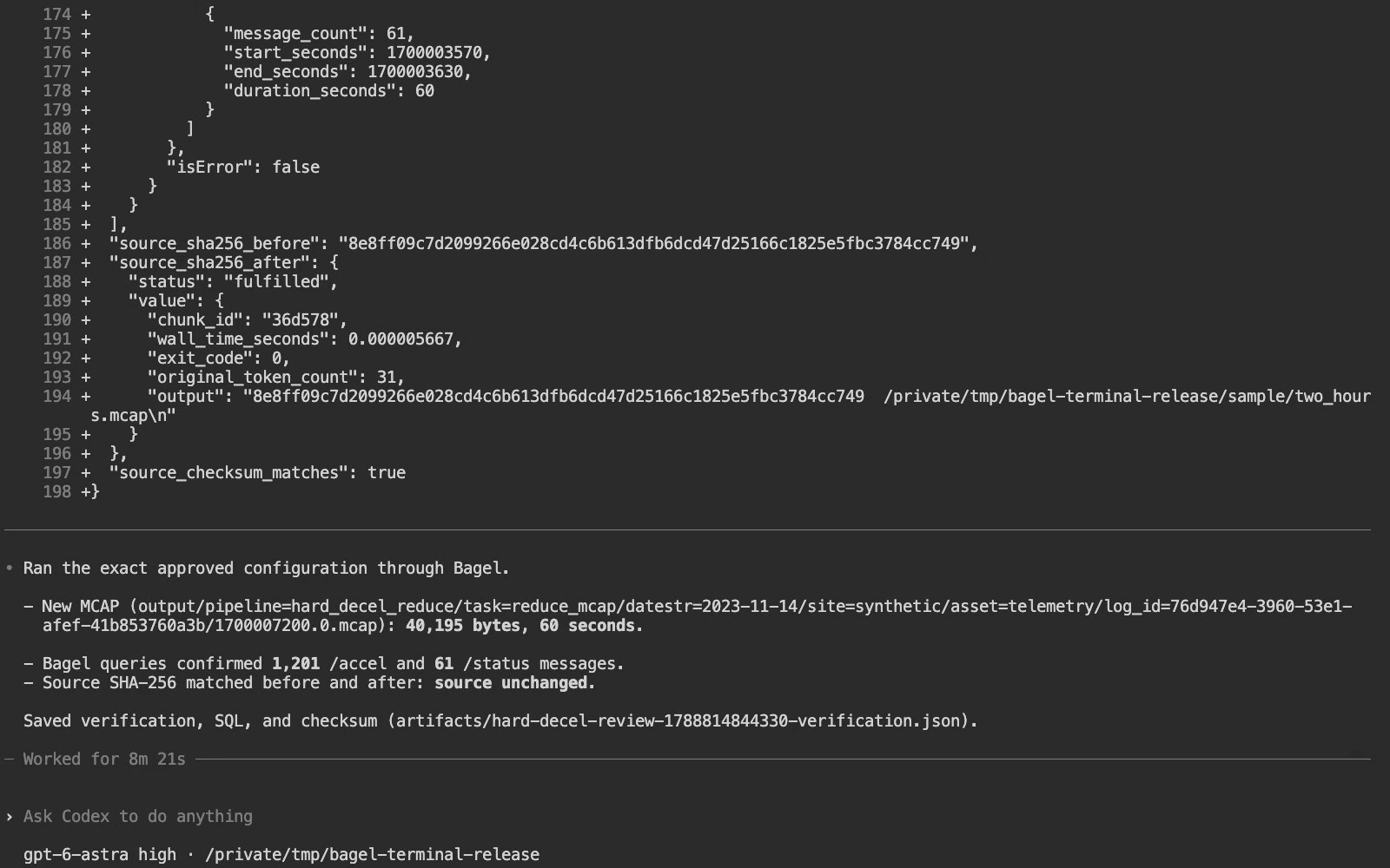 Actual Codex terminal showing Bagel’s verified reduced file and message counts